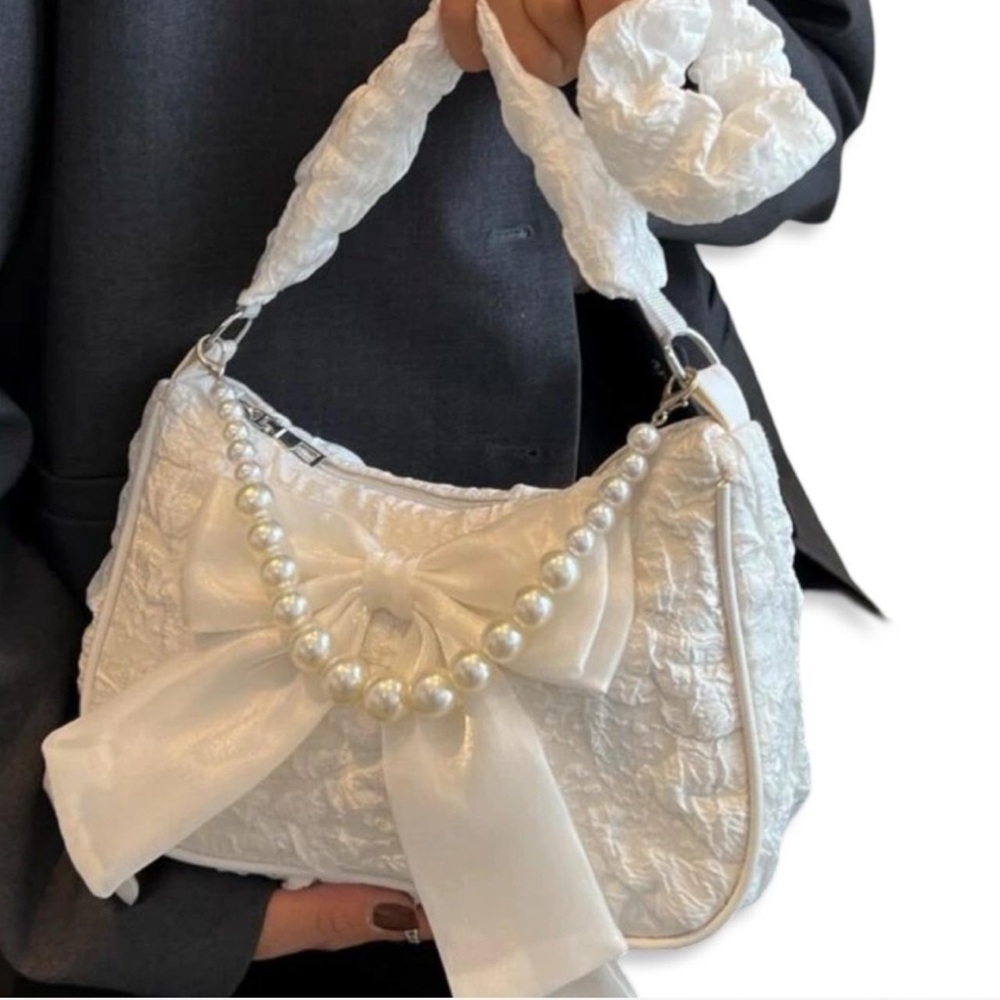 White Lace Purse with Ribbon and Pearl Strap Detail | NEW